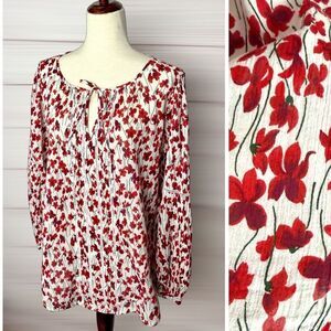 Lauren Ralph Lauren Red White Floral Blouse Peasant Boho Top Long Sleeve M